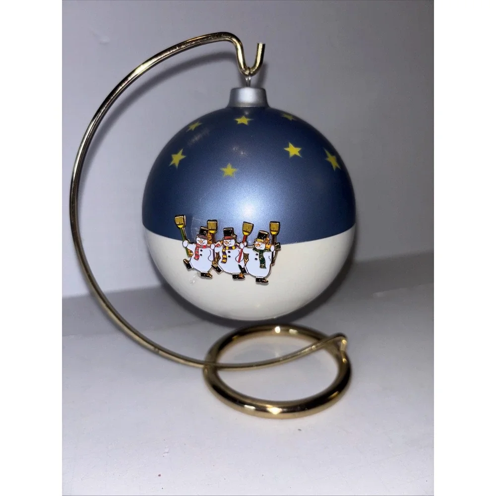 Vintage Christmas Musical Globe Ball Ornament Enamel Metal Snowmen On Stand
